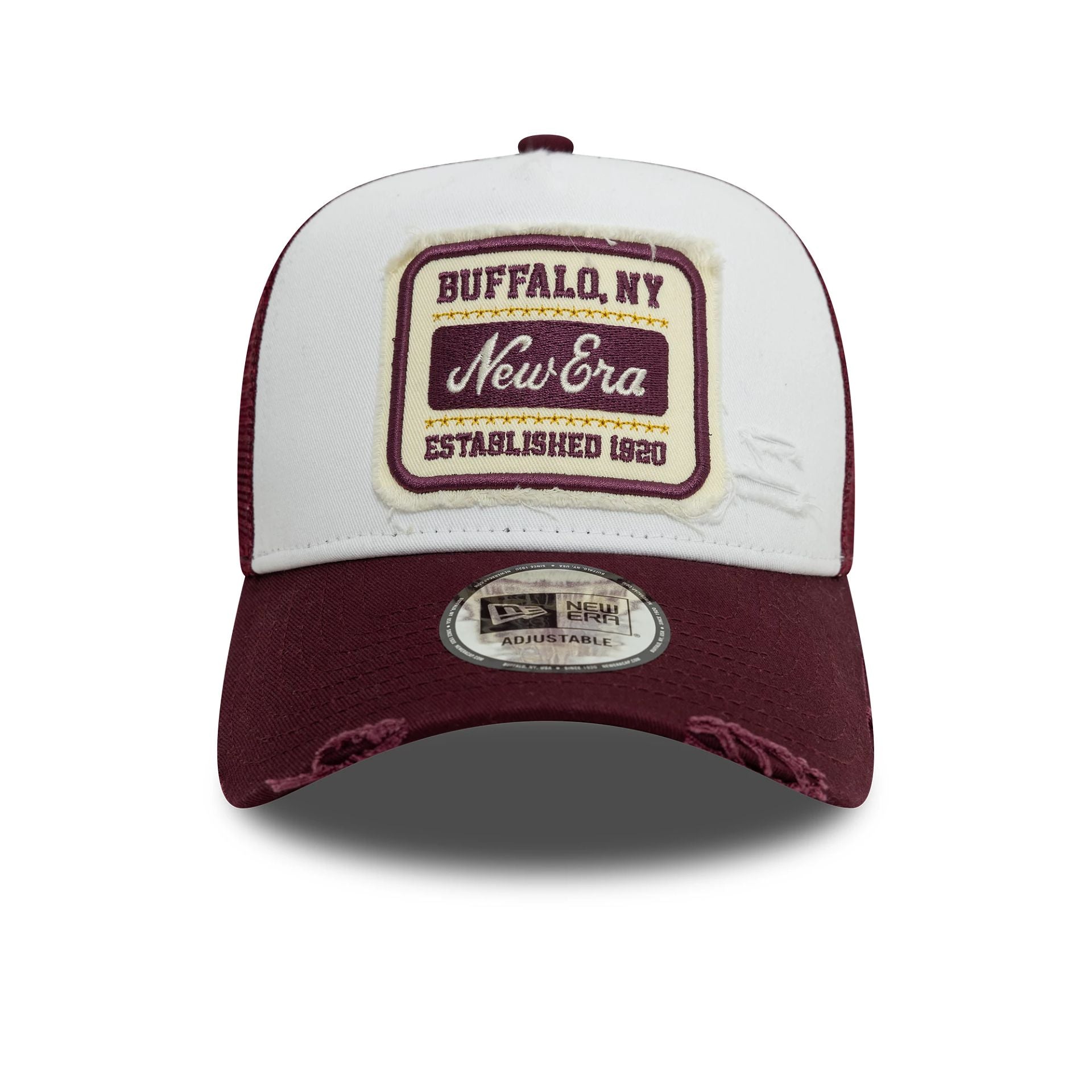 New Era Patch Distressed Dark Red 9FORTY A-Frame Trucker Adjustable Cap