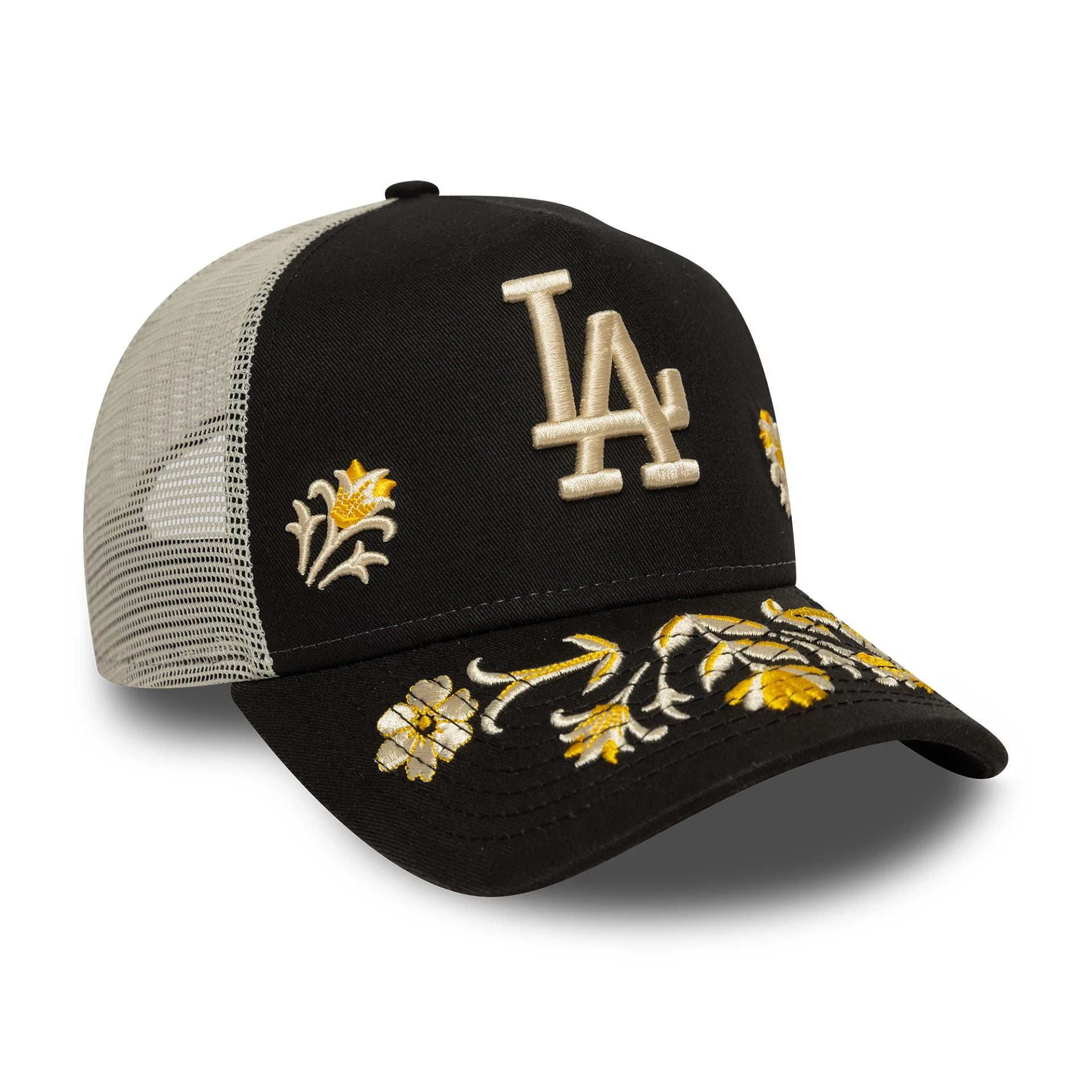 LA Dodgers MLB Floral Icon Black 9FORTY A-Frame Trucker Adjustable Cap
