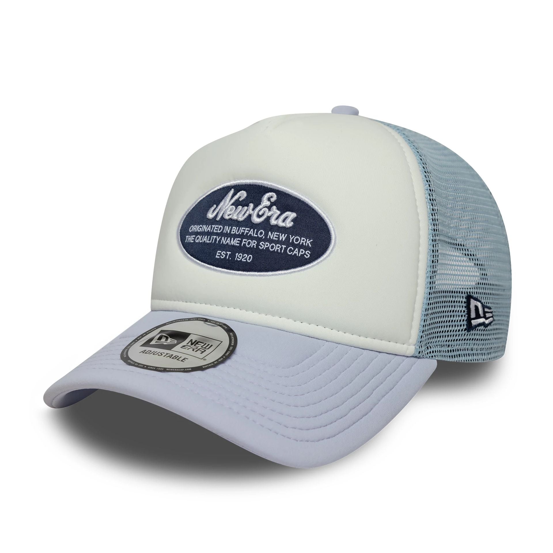 New Era Oval Foam Patch Pastel Blue 9FORTY A-Frame Trucker Adjustable Cap