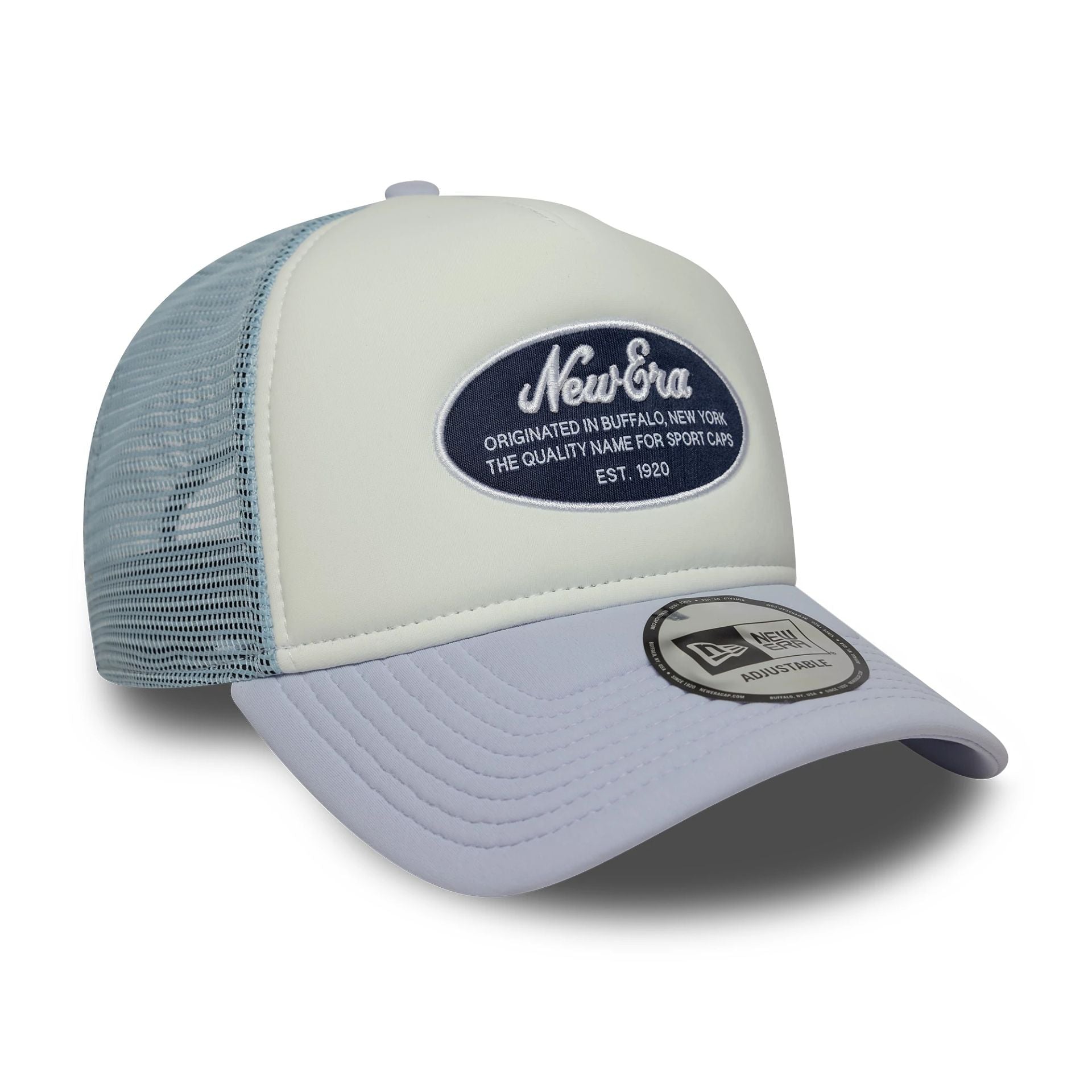 New Era Oval Foam Patch Pastel Blue 9FORTY A-Frame Trucker Adjustable Cap