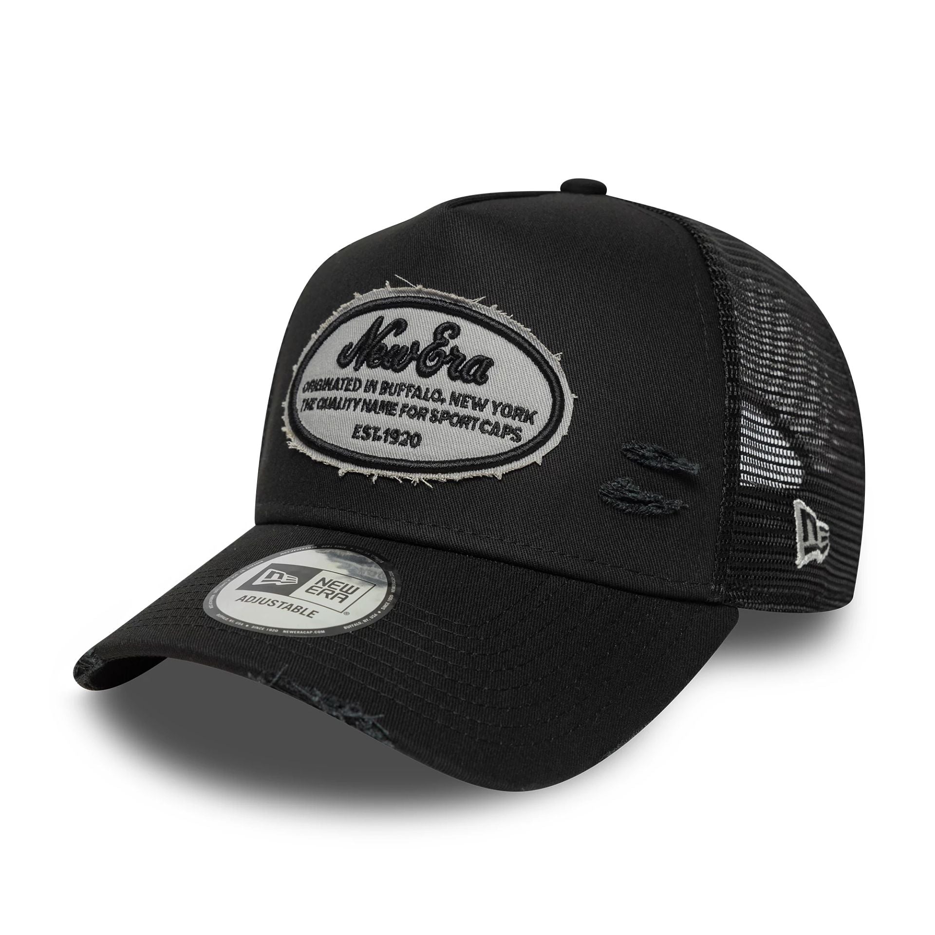 Womens New Era Distressed Oval Patch Black 9FORTY A-Frame Trucker Adjustable Cap
