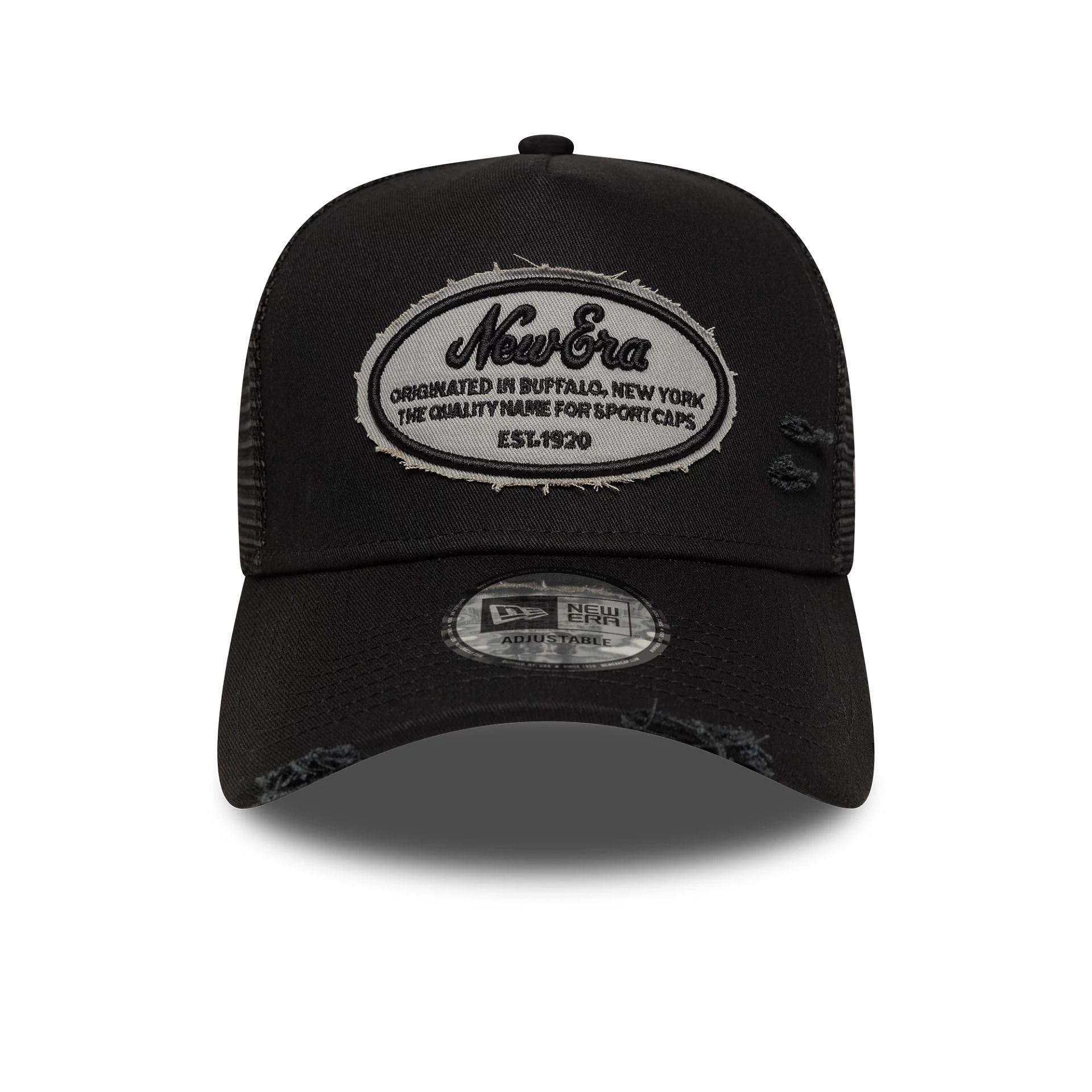 Womens New Era Distressed Oval Patch Black 9FORTY A-Frame Trucker Adjustable Cap