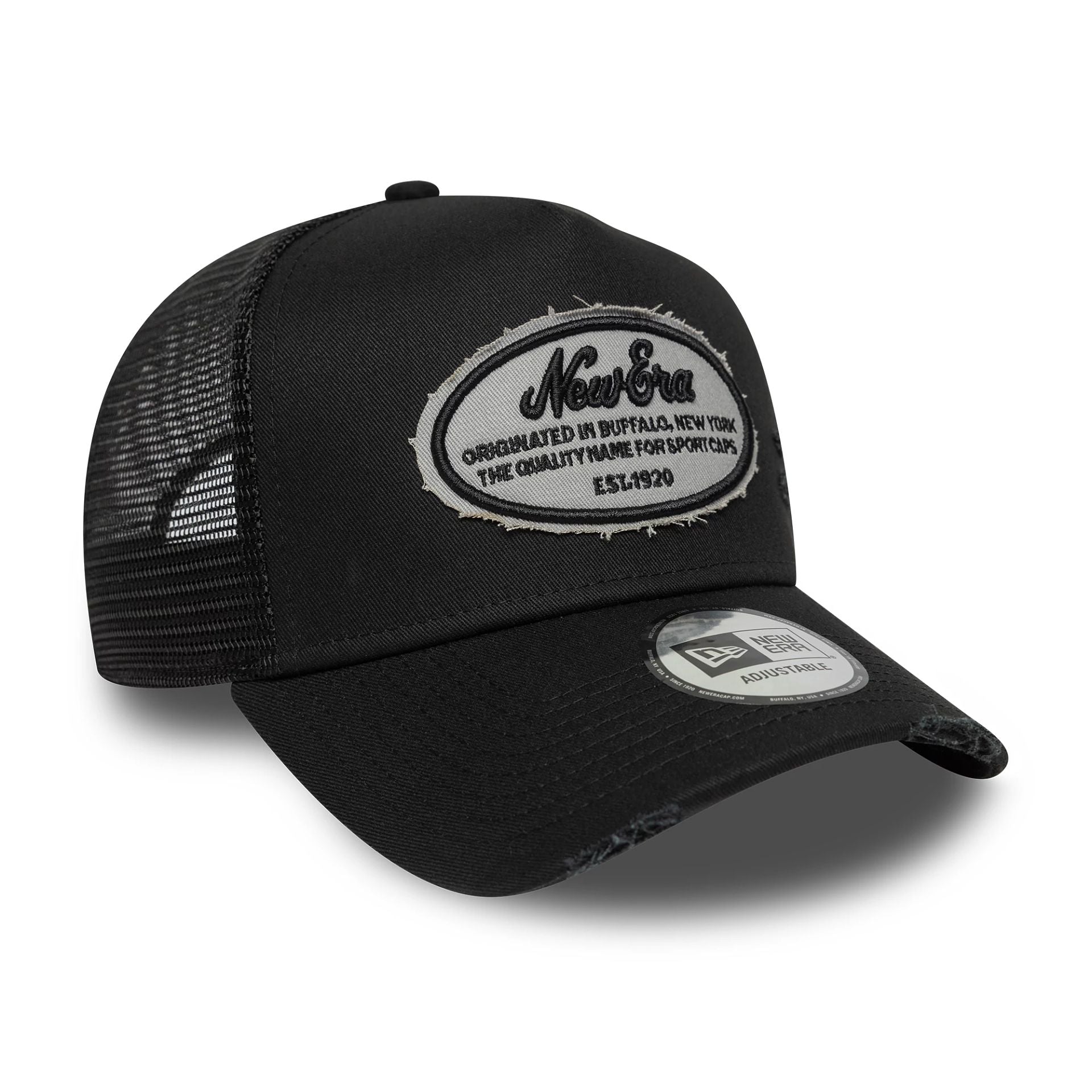 Womens New Era Distressed Oval Patch Black 9FORTY A-Frame Trucker Adjustable Cap