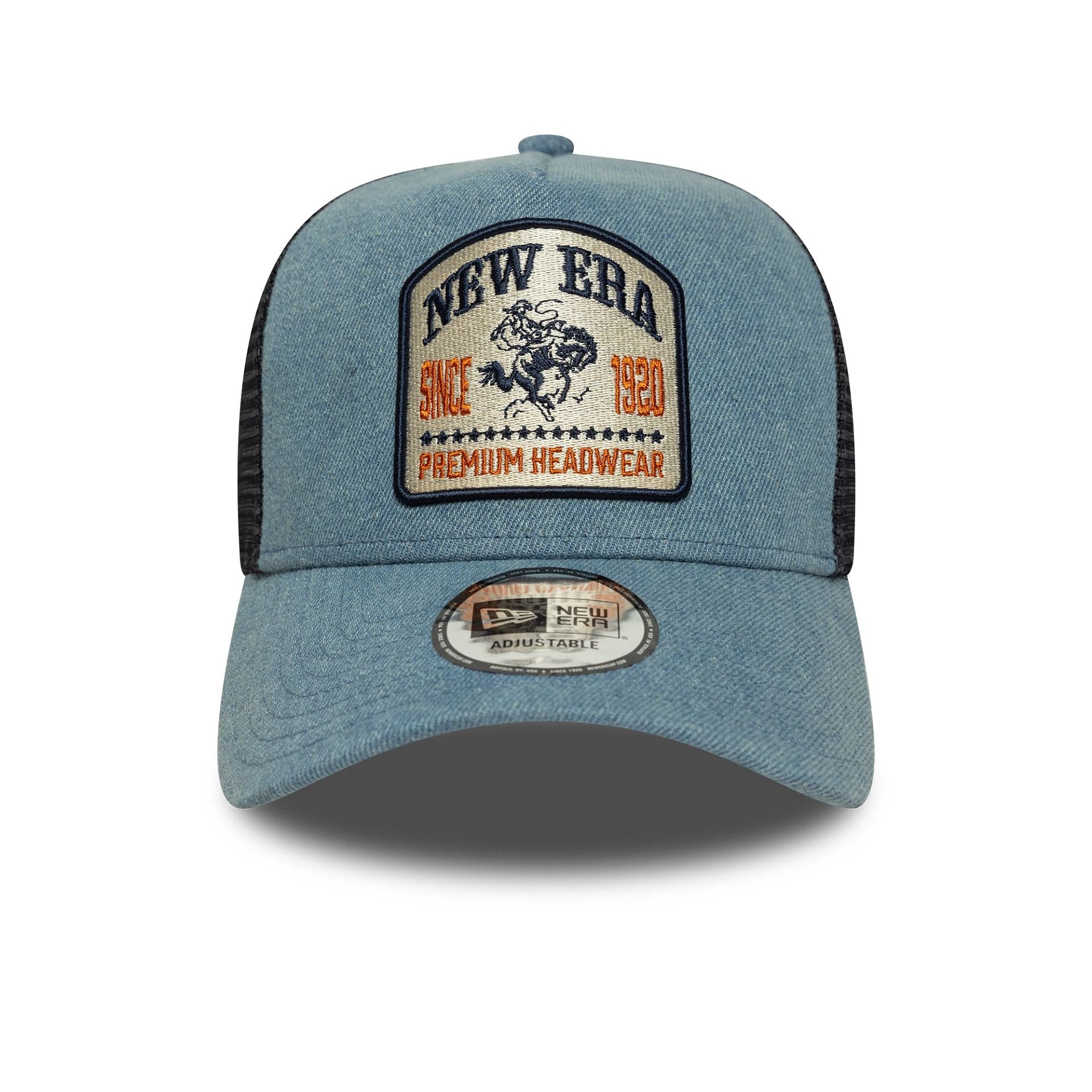 New Era Denim Patch Pastel Blue 9FORTY A-Frame Trucker Adjustable Cap