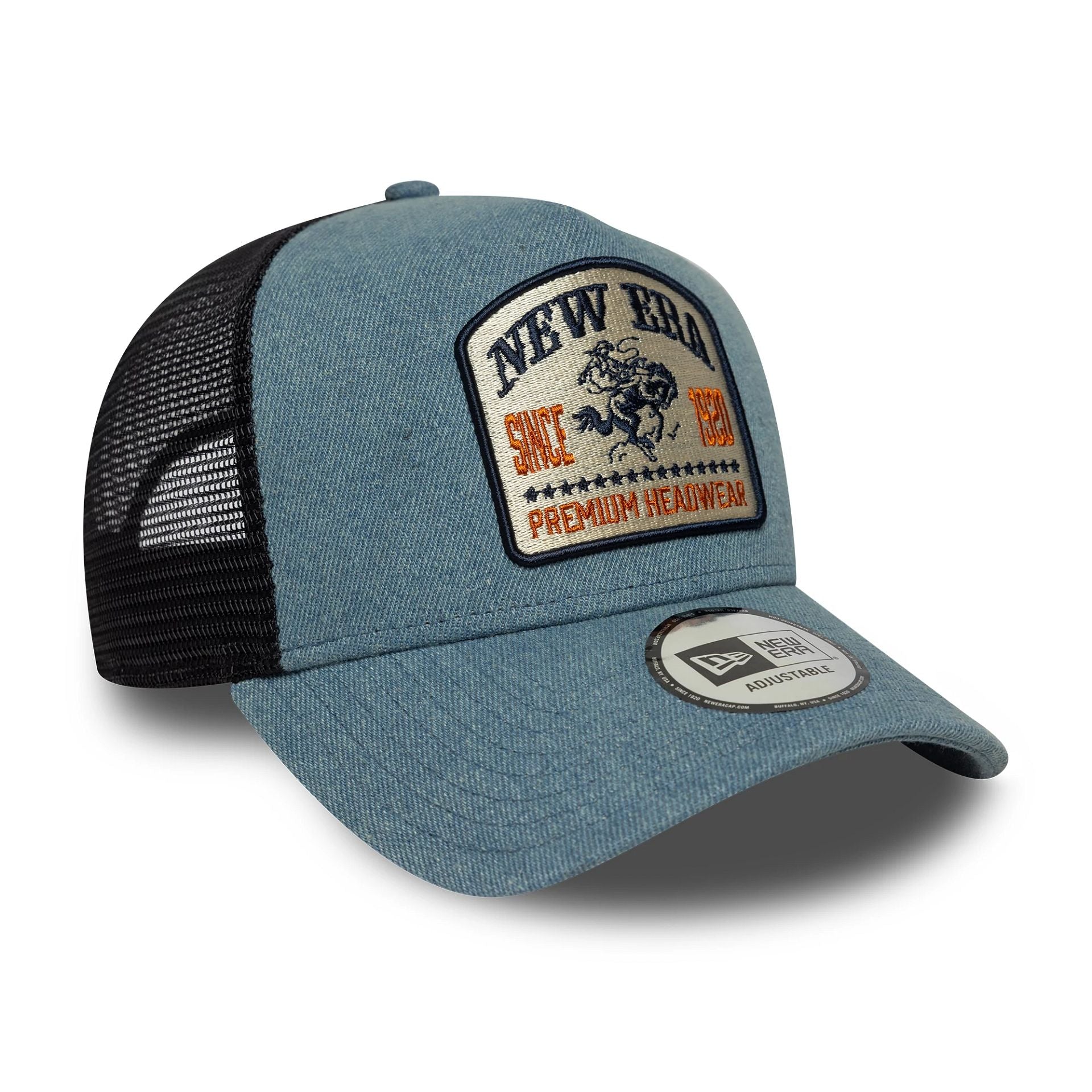 New Era Denim Patch Pastel Blue 9FORTY A-Frame Trucker Adjustable Cap