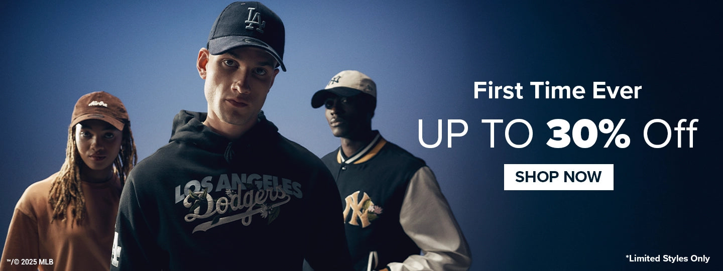 Three models wearing New Era caps and MLB apparel under dark lighting – Flat 10% Off banner with “Shop Now” CTA